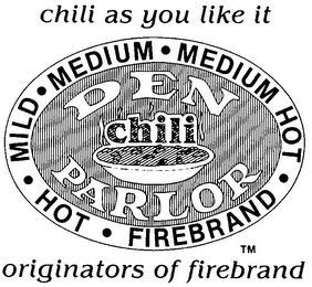 DEN CHILI PARLOR CHILI AS YOU LIKE IT ORIGINATORS OF FIREBRAND logo