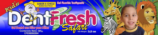 DENTFRESH KID'S SAFARI SABOR A CHICLE BUBBLE GUM FLAVOR GEL FLUORIDE TOOTHPASTE NET WEIGHT: 3.2 OZ GEL DENTAL CON FLUOR PARA NINOS CONTENIDO NETO: 91G CPE080562004 logo