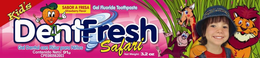 DENTFRESH KID'S SAFARI SABOR A FRESA STRAWBERRY FLAVOR GEL FLUORIDE TOOTHPASTE NET WEIGHT: 3.2 logo