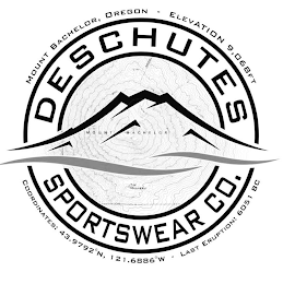 DESCHUTES SPORTSWEAR CO. MOUNT BACHELOR, OREGON ELEVATION 9,068 FT MOUNT BACHELOR TOT MOUNTAIN COORDINATES 43.9792°N, 121.6886°W LAST ERUPTION 6051 BC logo