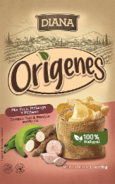 DIANA ORIGENES MIX YUCA, MALANGA Y PLATANO CASSAVA, TARO & PLANTAIN MIX 100% NATURAL NET WT./CONT. NETO 5.3 OZ IMAGES FOR ILLUSTRATIVE PURPOSES TRANS FAT FREE SIN GRASAS TRANS LOW IN SODIUM BAJO EN SODIO logo