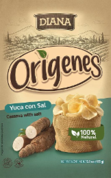 DIANA ORIGENES YUCA CON SAL CASSAVA WITH SALT 100% NATURAL NET WT./CONT. NETO 5.8 OZ (165G). IMAGES FOR ILLUSTRATIVE PURPOSES TRANS FAT FREE SIN GRASAS TRANS LOW IN SODIUM BAJO EN SODIO logo