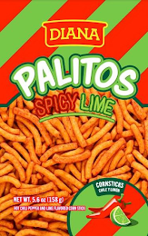 DIANA PALITOS SPICY LIME CORNSTICKS CHILE Y LIMON NET WT. 5.6 OZ (158G) HOT CHILI PEPPER AND LIME FLAVORED CORN STICK logo