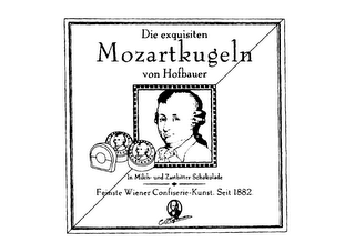 DIE EXQUISITEN MOZARTKUGELN VON HOFBAUER IN MILCH- UND ZABITTER-SCHOKOLADE FEINSTE WIENER CONFISERIE-KUNST. SEIT 1882. logo