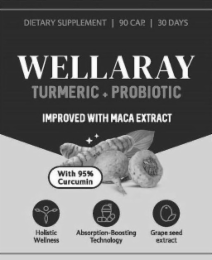 DIETARY SUPPLEMENT 90 CAP. 30 DAYS WELLARAY TURMERIC PROBIOTIC TUMERIC + PROBIOTIC IMPROVED WITH MACA EXTRACT WITH 95% CURCUMIN HOLISTIC WELLNESS ABSORPTION-BOOSTING TECHNOLOGY GRAPE SEED EXTRACT logo