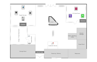 DIGITAL DEVICES CHECKOUT  CASHIERS VR CUBE ROOM CHECKOUT DESIGN / PROJECT MGT SPACE COPIER ROOM STORAGE ROOM SECURITY GATE CUSTOMER SERVICE RECEIVING / DELIVERY SALES / MARKETING OFFICE GENERAL MANAGER BREAK ROOM RESTROOMS logo