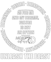DILIGENCE · DESIRE · DIRECTION · DEDICATION · DISCIPLINE · DETERMININATION · AS FOR ME AND MY DREAMS, FAILURE IS NOT AN OPTION MOJO 6D UNLEASH THE BEAST logo