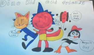 DINO KID AND FRIENDS DINO KID PIZZA CAT HOTDOG MAN PENGUIN GUY logo