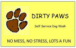 DIRTY PAWS SELF SERVICE DOG WASH NO MESS, NO STRESS, LOTS A FUN logo