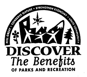 DISCOVER THE BENEFITS OF PARKS AND RECREATION FEEL GREAT CONSERVE NATURE STRENGTHEN ECONOMY UNITE COMMUNITY logo