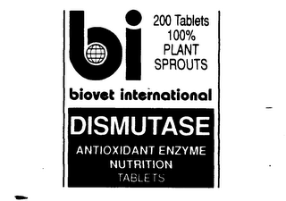 DISMUTASE BI BIOVET INTERNATIONAL ANTIOXIDANT ENZYME NUTRITION TABLETS 200 TABLETS 100% PLANT SPROUTS logo
