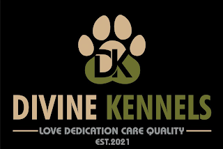 DK DIVINE KENNELS LOVE DEDICATION CARE QUALITY EST. 2021 logo