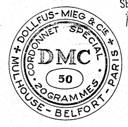 DMC 50 CORDONNET SPECIAL 20 GRAMMES DOLLFUS-MIEG MULHOUSE-BELFORT-PARIS logo