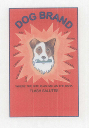 DOG BRAND WHERE THE BITE IS AS BAD AS THE BARK FLASH SALUTES LICK BOW-WOW CHEWY SNAP WOOF ARF YAP GROWL SNIFF BARK GNARL BITE DROOL logo