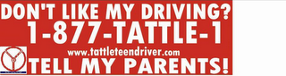 DON'T LIKE MY DRIVING? 1-877-TATTLE-1 WWW.TATTLETEENDRIVER.COM TELL MY PARENTS! TATTLE TEEN DRIVER DRIVE SAFETY HOME logo