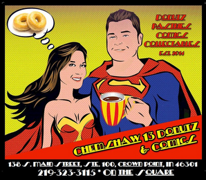 DONUTS PASTRIES COMICS COLLECTABLES EST. 2014 CHEMSHAW 13 DONUTZ & COMICS logo