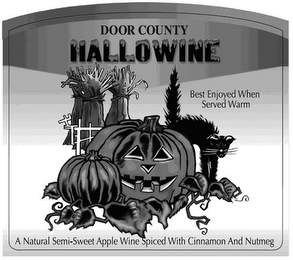DOOR COUNTY HALLOWINE BEST ENJOYED WHEN SERVED WARM A NATURAL SEMI-SWEET APPLE WINE SPICED WITH CINNAMON AND NUTMEG logo