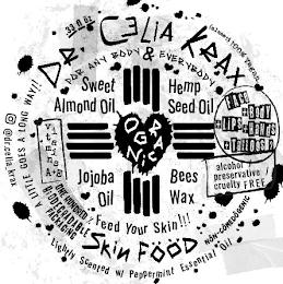 DR. CELIA KRAX ORGANIC SKIN FOOD FOR ANY BODY & EVERYBODY FEED YOUR SKIN!!! A LITTLE GOES A LONG WAY!! FOR ANY BODY & EVERYBODY SWEET ALMOND OIL HEMP SEED OIL OOGANIC JOJOBA OIL BEES WAX VITAMINS A+E ALCOHOL/ PRESERVATIVE/ CRUELTY FREE ONE HUNDRED BIODEGRADEABLE PACKAGING NON- COMDEDOGENIC LIGHTLY SCENTED W/ PEPPERMINT ESSENTIAL OIL 33 FL ÖZ (ALMOST 100% VEGAN @DR.CELIA_KRAX logo
