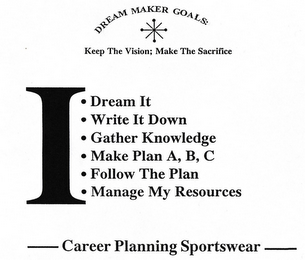 DREAM MAKER GOALS: KEEP THE VISION; MAKE THE SACRIFICE DREAM IT WRITE IT DOWN GATHER KNOWLEDGE MAKE PLAN A,B, C FOLLOW THE PLAN MANAGE MY RESOURCES CAREER PLANNING SPORTSWEAR logo