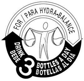 DRINK 3 BOTTLES A DAY, BEBE 3 BOTELLAS AL DIA, FOR / PARA HYDRA-BALANCE logo