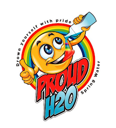 DROWN YOURSELF WITH PRIDE. PROUD H2O. SPRING WATER logo