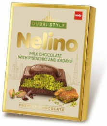 DUBAI STYLE NELINO MILK CHOCOLATE WITH PISTACHIO AND KADAYIF PREMIUM CHOCOLATE NELLY logo
