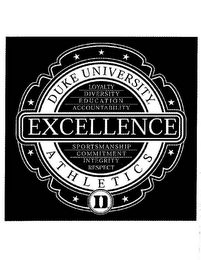 DUKE UNIVERSITY ATHLETICS EXCELLENCE LOYALTY DIVERSITY EDUCATION ACCOUNTABILITY SPORTSMANSHIP COMMITMENT INTEGRITY RESPECT D logo