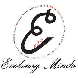 E EVOLVING MINDS · EVOLVE · PASSION · VISION · FAITH · MOTIVATION · DEVOTION · EXECUTION · DEDICATION · PERSEVERANCE · DETERMINATION · PERSISTENCE logo