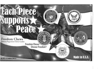 EACH PIECE SUPPORTS PEACE FREEDOW CHEWS DELICIOUS PEPPERMINT CHEWY CANDIES FREEDOM CHEWS CHOOSE FREEDOM MADE IN U.S.A. UNITED STATES AIR FORCE logo