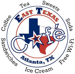 EAST TEXAS CAFÉ ATLANTA, TX TEA SWEETS SODA FREE WI-FI ICE CREAM SANDWICHES COFFEE logo