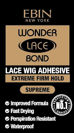 EBIN NEW YORK WONDER LACE BOND LACE WIG ADHESIVE EXTREME FIRM HOLD SUPREME IMPROVED FORMULA FAST DRYING PERSPIRATION RESISTANT WATERPROOF BEAUTICIAN'S NO. 1 CHOICE logo
