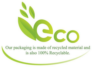 ECO OUR PACKAGING IS MADE OF RECYCLED MATERIAL AND IS ALSO 100% RECYCLABLE logo