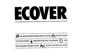 ECOVER OUR INGREDIENTS COME FROM NATURE YOU USE THEM TO CLEAN SAFELY THEN THEY RETURN TO NATURE AND BIODEGRADE WITHIN 5 DAYS MAKING EVERYONE HAPPY.
