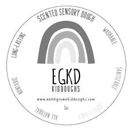 EGKD KIDDOUGHS WWW.EARTHGROWNKIDDOUGHS.COM 8OZ SCENTED SENSORY DOUGH WASHABLE SANITIZABLE SUPER PLIABLE ALL NATURAL NONTOXIC LONG-LASTING logo
