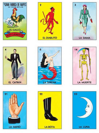 EL GALLO DON CLEMENTE EL DIABLITO LA DAMA EL CATRIN LA SIRENA LA MUERTE LA MANO LA BOTA LA LUNA logo