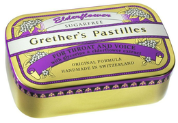 ELDERFLOWER SUGARFREE GRETHER'S PASTILLES FOR THROAT AND VOICE WITH GLYCERINE & ELDERFLOWER EXTRACT ORIGINAL FORMULA HANDMADE IN SWITZERLAND logo