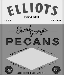ELLIOTS BRAND USA GROWN SWEET GEORGIA PECANS NATURAL HEALTHY MAPLEY BUTTERY GLUTEN FREE ANTIOXIDANT-RICH NON GMO logo