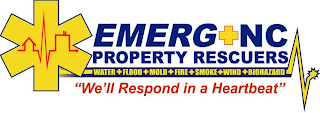 EMERG+NC PROPERTY RESCUERS WATER + FLOOD + MOLD + FIRE + SMOKE + WIND + BIOHAZARD "WE'LL RESPOND IN A HEARTBEAT" logo