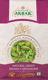 EMPEROR AKBAR LIVING ROYALLY NATURALLY FRESH NATURAL GREEN INDIAN CARDAMOMS SPECIAL AROMA LOCK PACK logo