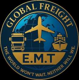E.M.T GLOBAL FREIGHT THE WORLD WON'T WAIT. NEITHER WILL WE. logo