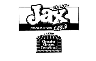 ENJOY! JAX REAL CHEDDAR CHEESE CURLS BAKED CHEESIER CHEESE... TASTES GREAT logo