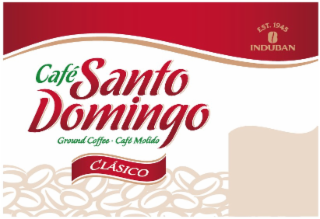 EST. 1945 INDUBAN CAFÉ SANTO DOMINGO GROUND COFFEE · CAFÉ MOLIDO CLÁSICO logo