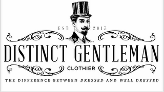 EST 2017 JRG DISTINCT GENTLEMAN CLOTHIER THE DIFFERENCE BETWEEN DRESSED AND WELL DRESSED logo
