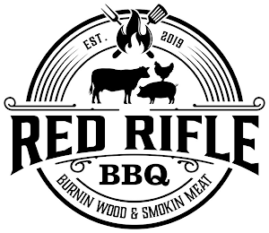 EST. 2019 RED RIFLE BBQ BURNING WOOD & SMOKIN MEAT logo