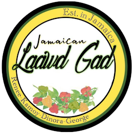 EST. IN JAMAICA JAMAICAN LAAWD GAD RENEE-KAMOY-DINORA-GEORGE logo