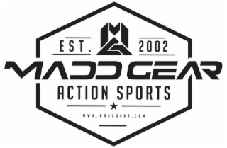 EST. MG 2002 MADD GEAR ACTION SPORTS WWW.MADDGEAR.COM logo