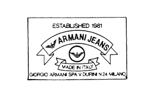 ESTABLISHED 1981 ARMANI JEANS MADE IN ITALY GIORGIO ARMANI SPA V. DURINI N 24 MILANO logo