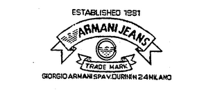 ESTABLISHED 1981 ARMANI JEANS TRADE MARK GIORGIO ARMANI SPAV DURINI 24 MILANO logo