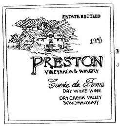 ESTATE BOTTLED 1983 PRESTON VINEYARDS & WINERY CUVEE DE FUME DRY WHITE WINE DRY CREEK VALLEY SONOMA COUNTY GROWN, PRODUCED AND BOTTLED BY PRESTON WINERY HEALDSBURG, CALIFORNIA ALCOHOL 12.6% BY VOLUME logo