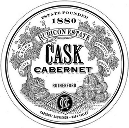 ESTATE FOUNDED 1880 RUBICON ESTATE CASKCABERNET RUTHERFORD ESTATE GROWN PRODUCED BOTTLED CABERNET SAUVIGNON - NAPA VALLEY logo